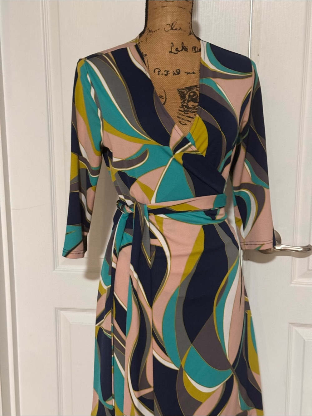 Tracy Negoshian Multicolor Abstract Wrap Dress - Teal, Navy & Blush